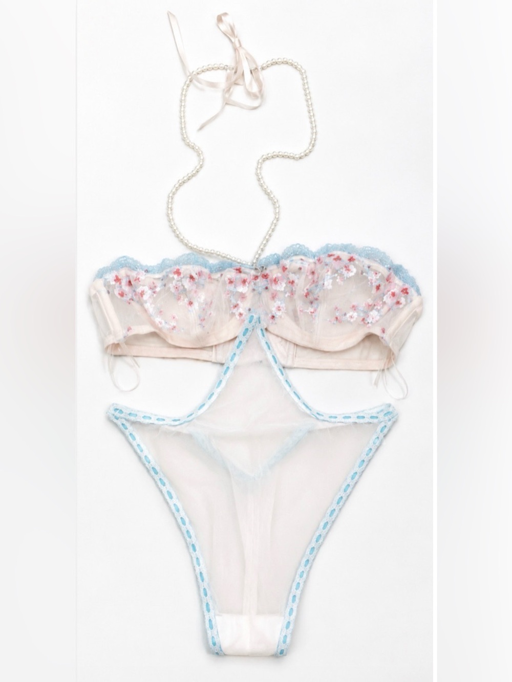 VICTORIA'S SECRET PINK CHERRY BLOSSOM EMBROIDERY PEARL HALTER TEDDY BODYSUIT XS